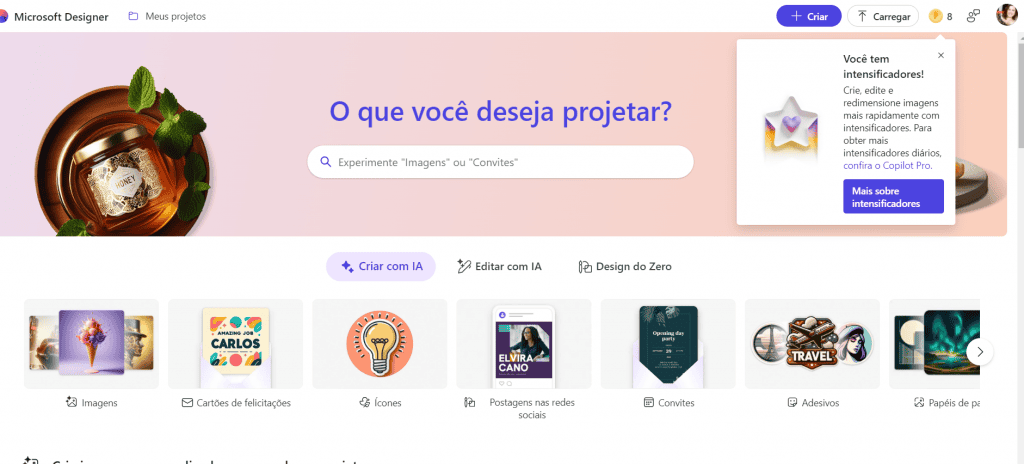 Captura de tela do site Microsoft Designer, que ajuda a criar figurinhas com IA