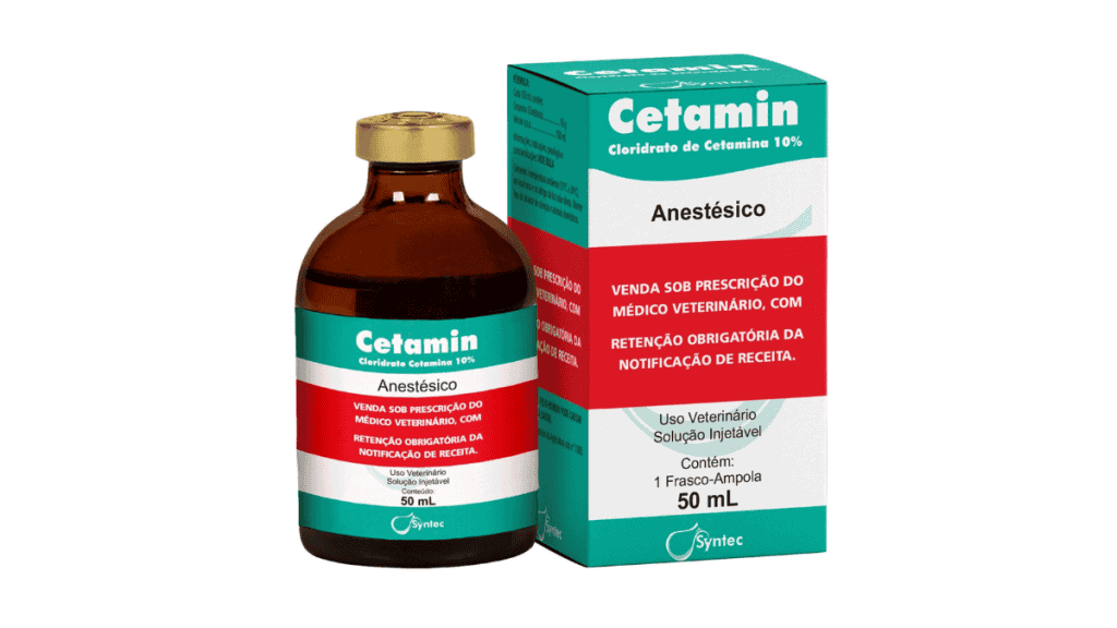 imagem mostra um frasco marrom com cetamina líquida dentro dele