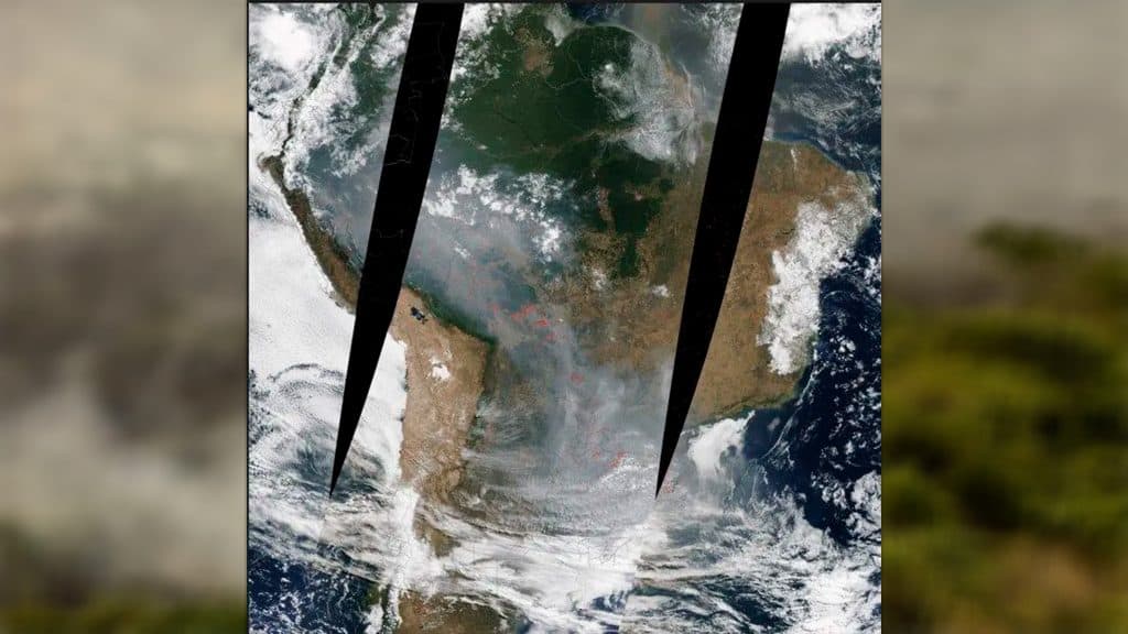 Visão de satélite de corredor de fumaça de queimadas sobre Brasil e alguns países vizinhos