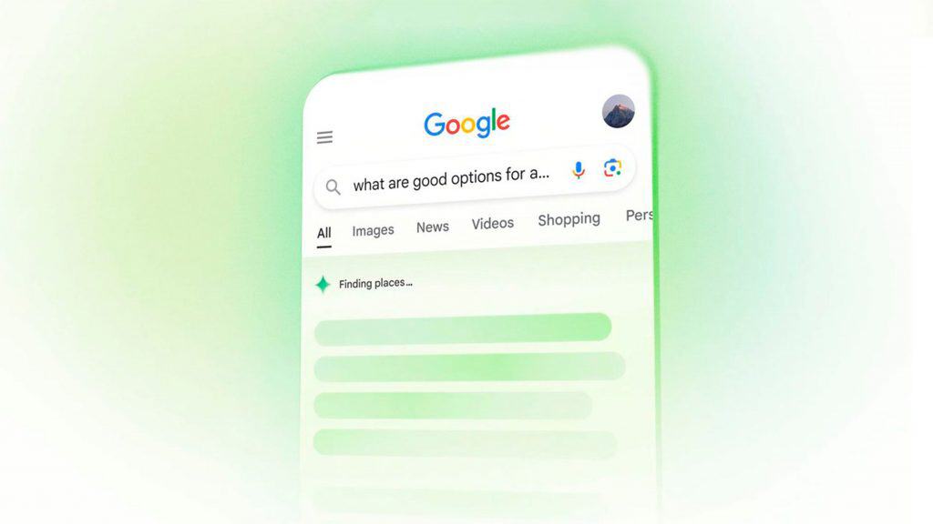 Montagem com busca no Google feita num celular na qual a inteligência artificial está gerando um resumo