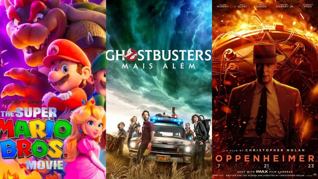 Montagem com pôsteres dos filmes Super Mario Bros, Ghostbusters e Oppenheimer, que estão entre os filme do Telecine disponibilizados de graça em setembro