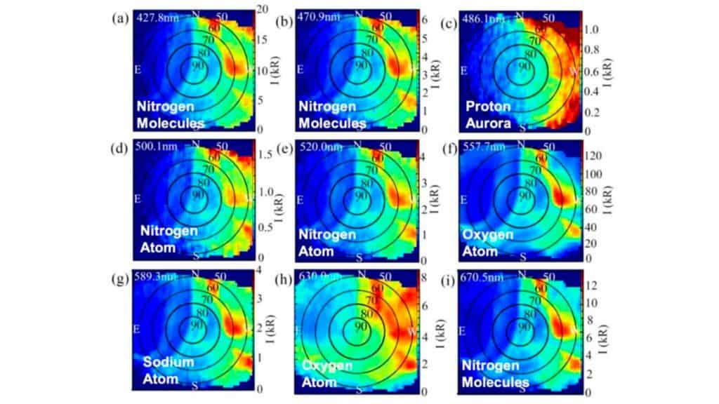 Montagem com imagens hiperespectrais de auroras boreais
