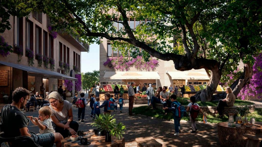 Ilustração de pessoas em espaço verde de convivência na versão reconstruída de Antakya, na Turquia