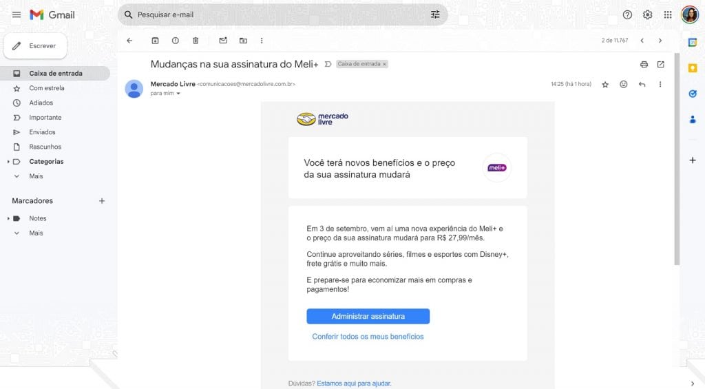 e-mail de reajuste do meli+