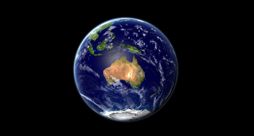 Ilustração do planeta Terra visto do espaço com o continente australiano no centro.