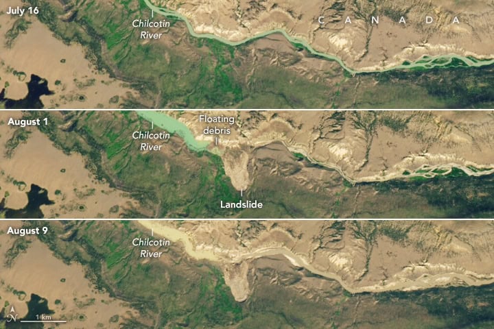 Montagem de imagens de satélite mostrando a evolução do rio após o deslizamento