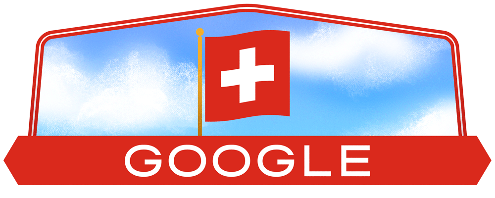 Bandeira da Suíça tremulando; atrás, nuvens brancas com céu azul; abaixo, os dizeres "GOOGLE" em fundo vermelho