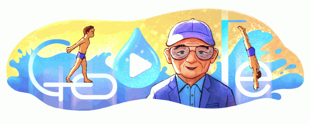 Samy Lee desenhado como nadador e na velhice, com boné azul e óculos