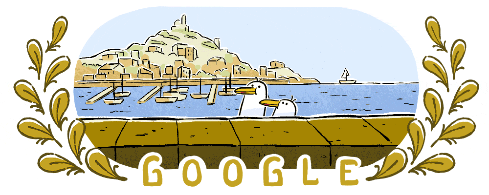 Cachorro branco puxando pássaro azul em barco à vela com rodinhas