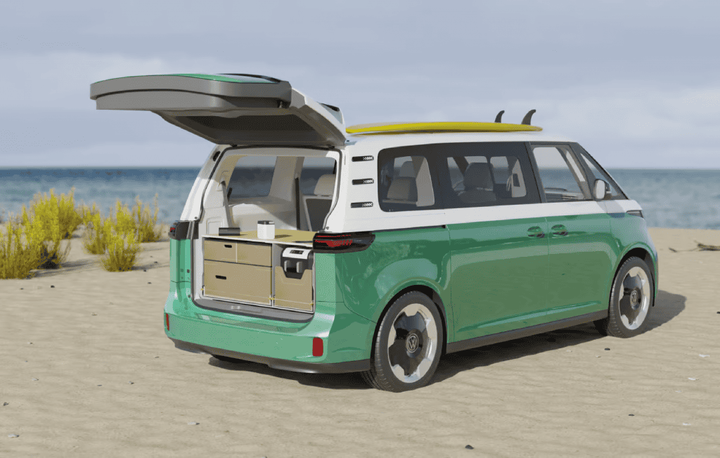 Imagem mostra o interior da Kombi ID. Buzz da Volkswagen com reorganizações de layout