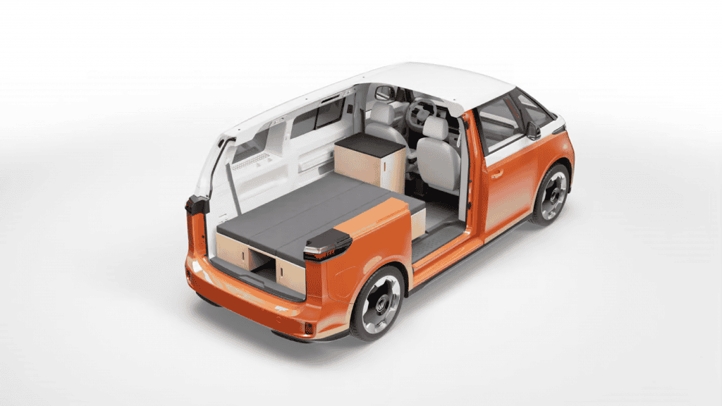 Imagem mostra o interior da Kombi ID. Buzz da Volkswagen com reorganizações de layout
