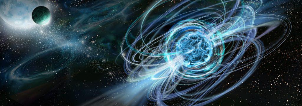 Ilustração 3D de magnetar, estrela de nêutrons com poderoso campo magnético em um fundo de espaço profundo e exoplanetas terrestres