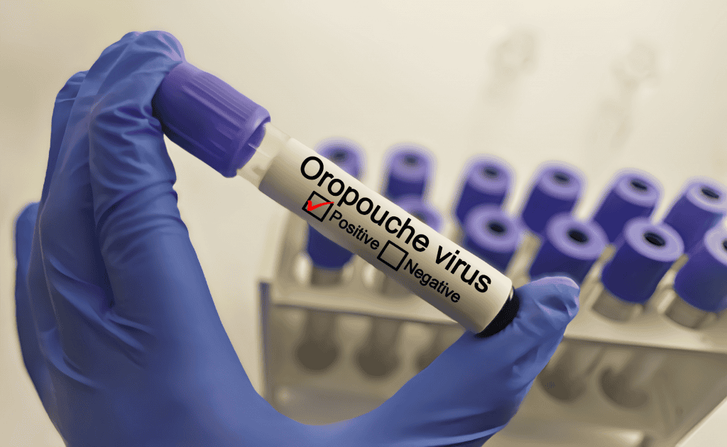 Imagem mostra uma mão com luvas azuis segurando um tubo de sangue. Nele, há um rotulo escrito "oropouche virus" e com um símbolo marcando o campo de positivo.