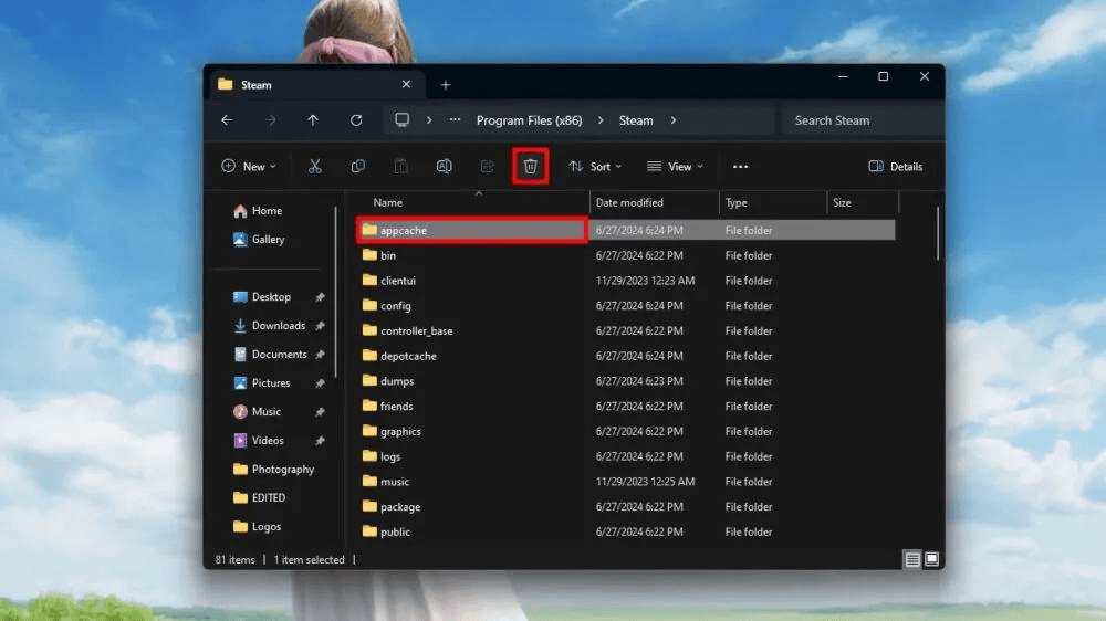 imagem ilustra a biblioteca de arquivos do windows, destacando a pasta cache do app steam