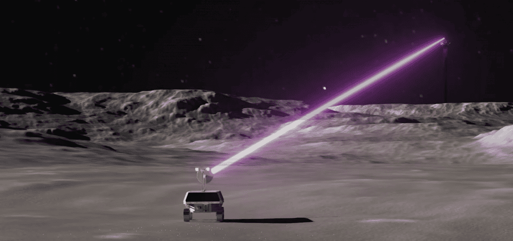 Ilustração de um rover lunar sendo carregado pelo LUNARSABER