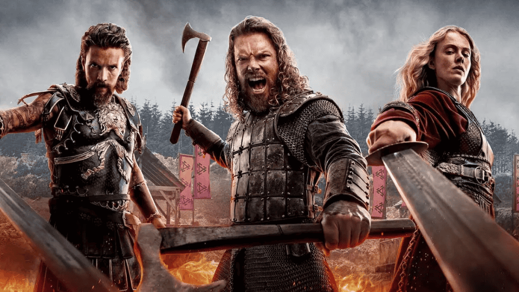 Imagem demonstra três vikings armados 