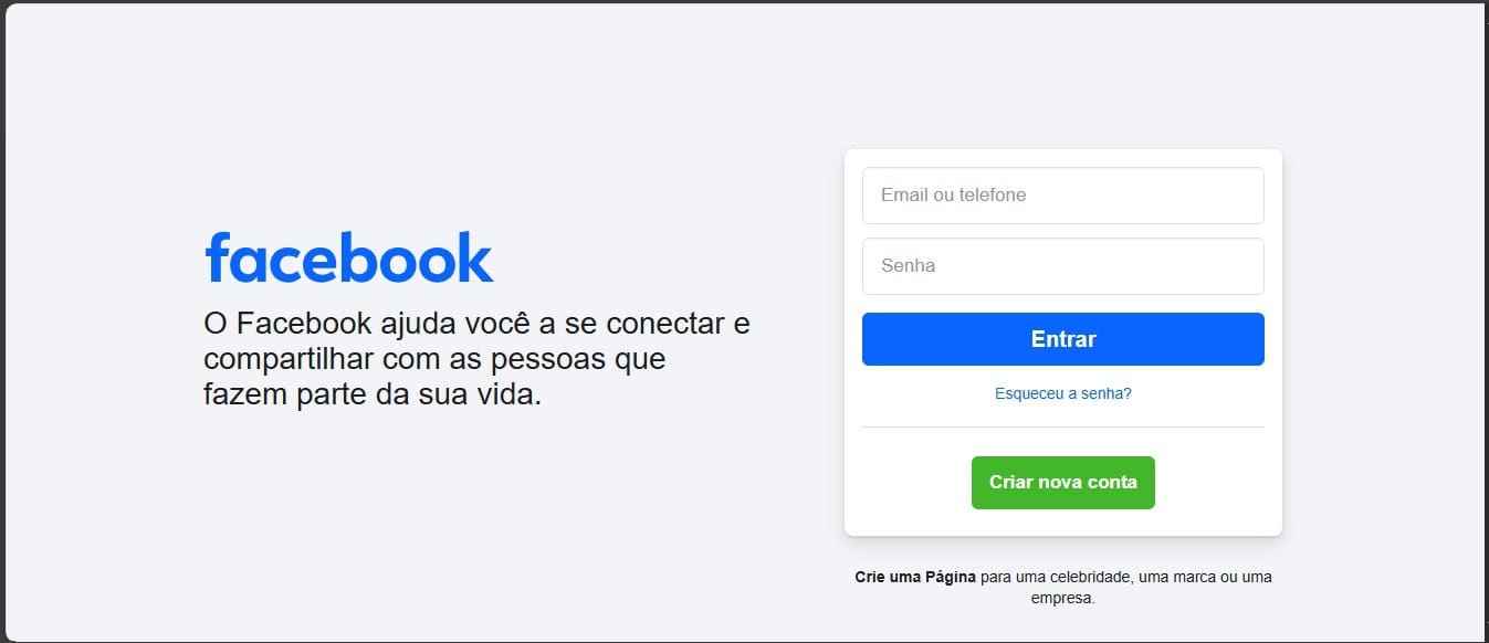 imagem mostra a página de login do facebook