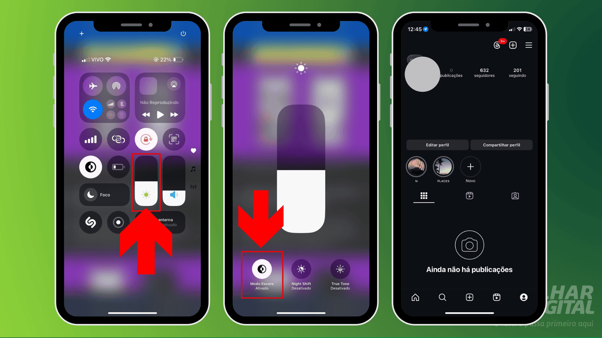 imagem mostra a tela de notificações do iphone, uma seta apontando para a barra de luminosidade e outro apontando para o modo de modo escuro