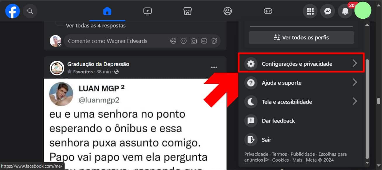 imagem mostra uma seta apontando para o botão de configurações no perfil do facebook