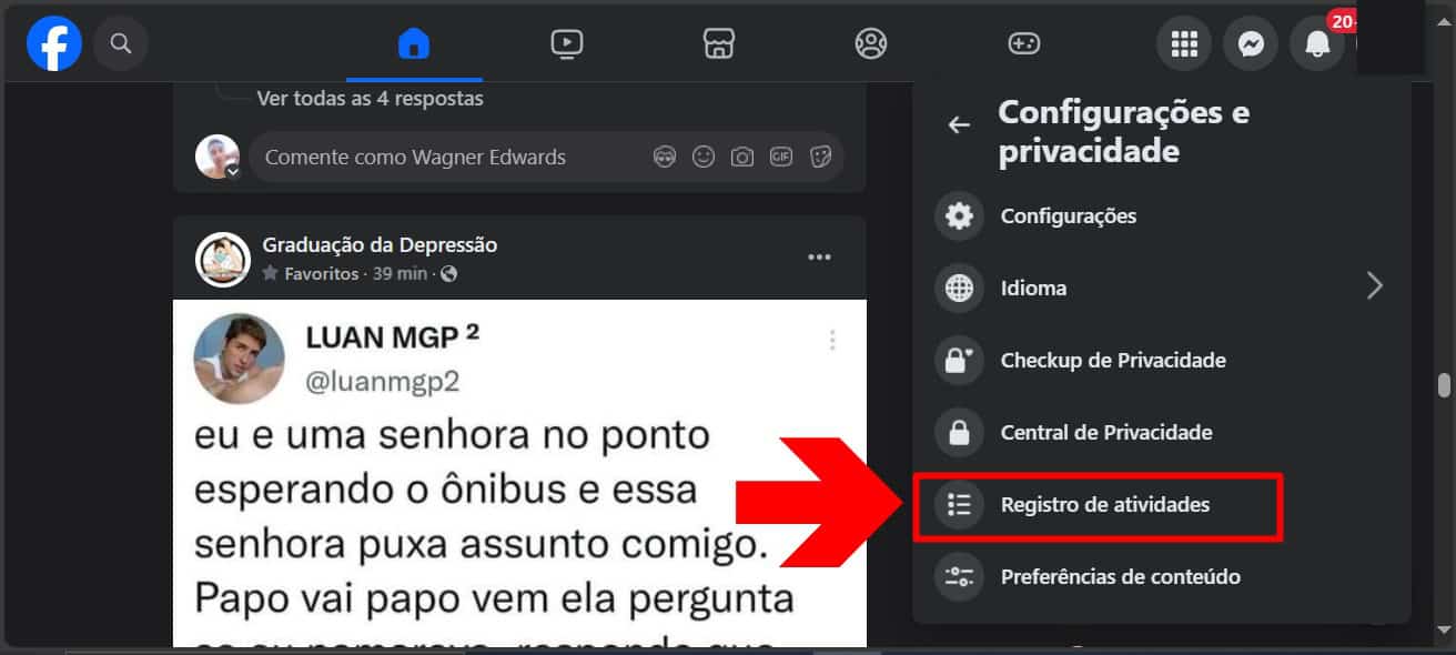 imagem mostra seta apontando para o botão "registro de atividades"