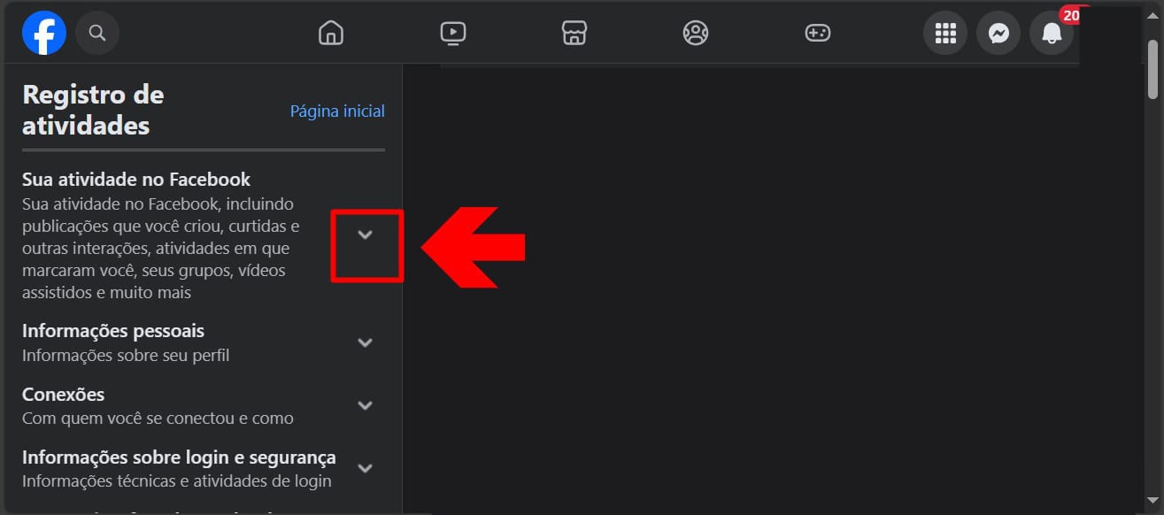 imagem mostra uma seta apontando para o botão "sua atividade no facebook"