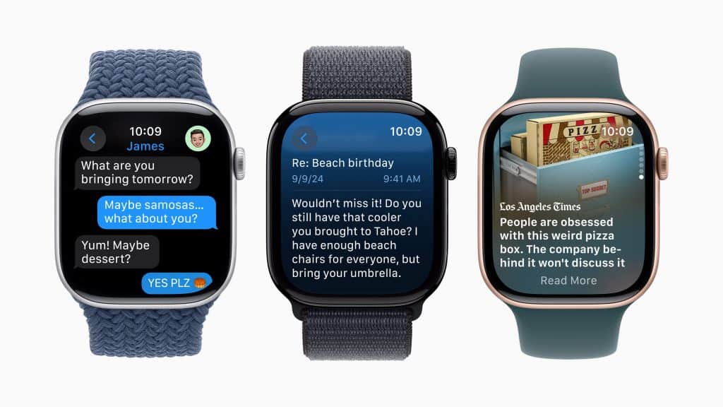 Montagem com modelos de Apple Watch Series 10 mostrando textos de mensagens, e-mail e reportagem