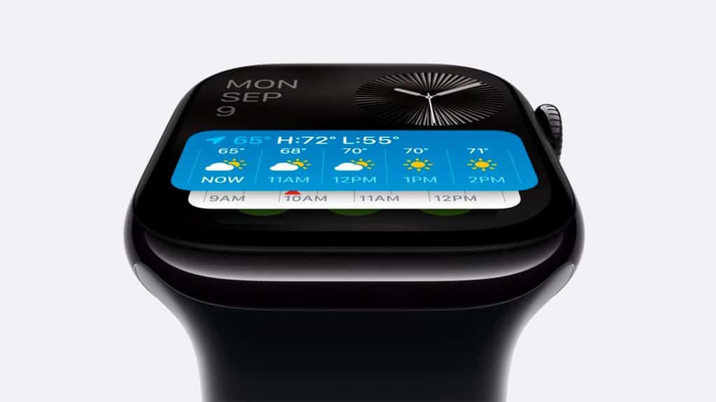 Montagem com Apple Watch Series 10 mostrando widgets na tela