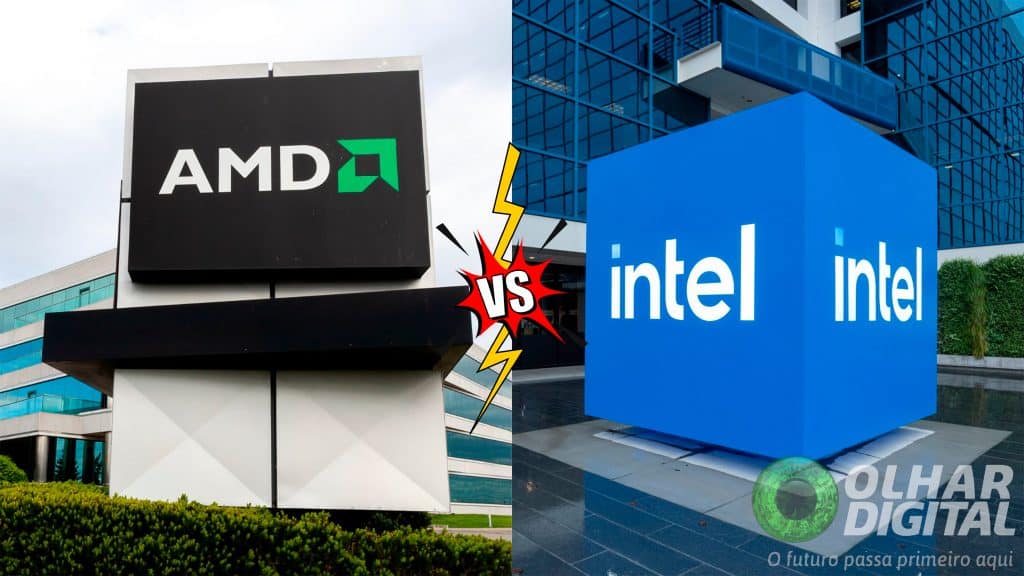 Montagem com fotos de fachadas da AMD e da Intel com ilustração de versus no meio