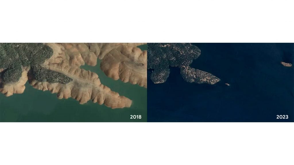 Comparativo de imagens de satélite do lago Oroville, na Califórnia, em 2013, quando seu nível diminuiu muito, e em 2023, quando série de chuvas o encheu novamente