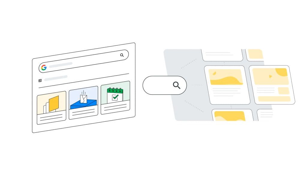 Montagem com ilustrações sobre nova interface do Google Notícias