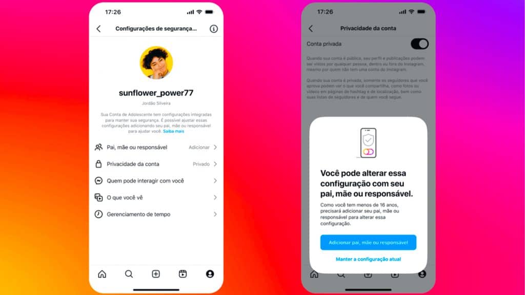 Montagem com capturas de tela mostrando configurações da Conta de Adolescente no Instagram