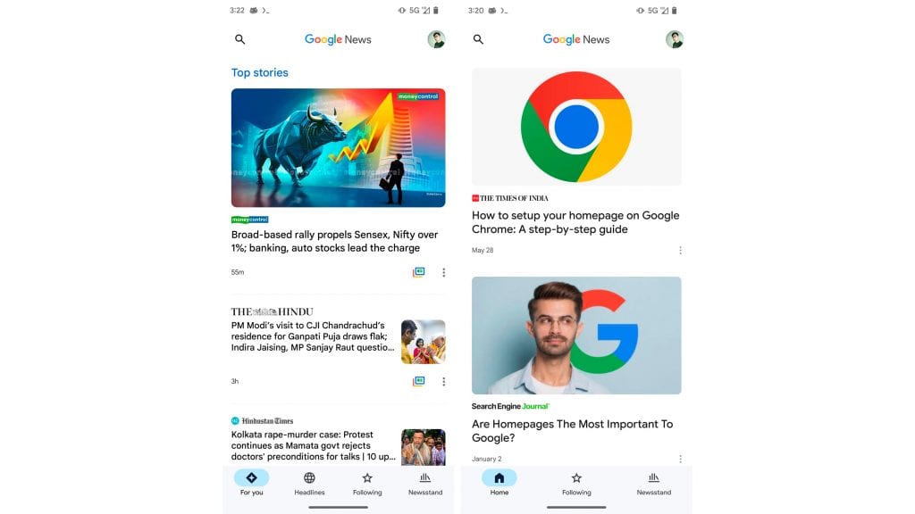 Montagem com capturas de tela mostrando nova interface do Google Notícias em comparação com a atual