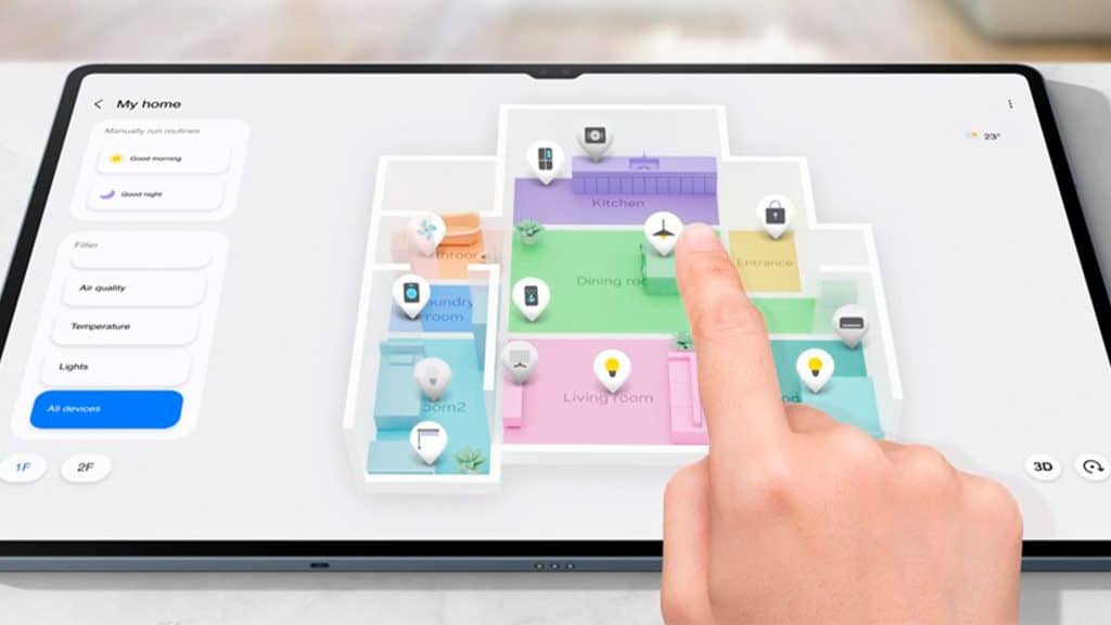 Ilustração de pessoa tocando em planta 3D de um imóvel no Galaxy Tab S10 Ultra