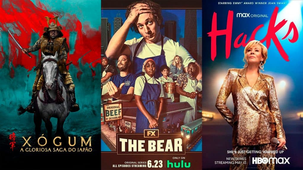 Montagem com pôsteres das séries Xógum, The Bear e Hacks, três entre vencedores do Emmy 2024