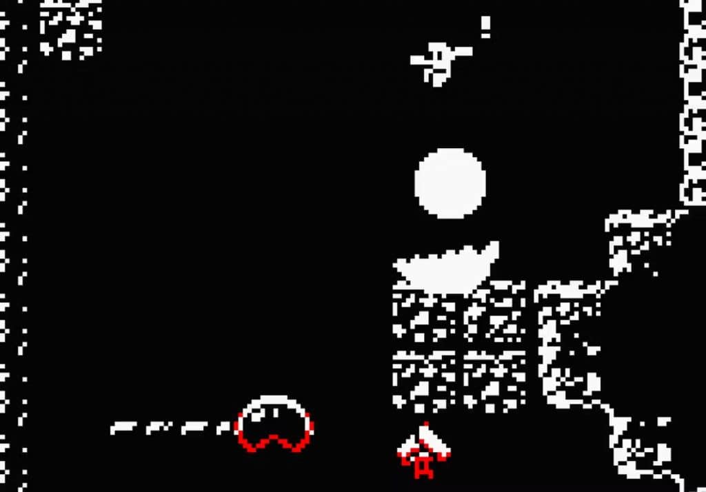 imagem mostra um personagem caindo por um tunel sem fim no jogo Downwell