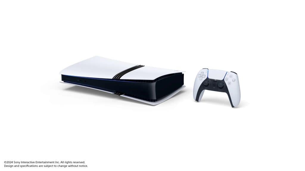 playstation 5 pro deitado com o controle ao lado