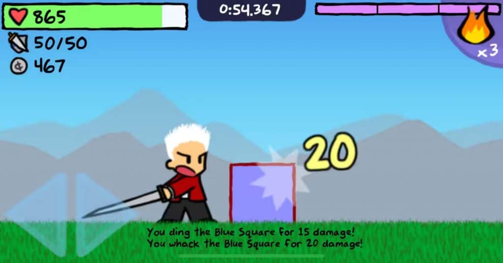 imagem mostra o protagonista do jogo empunhando uma espada e lutando contra um quadrado