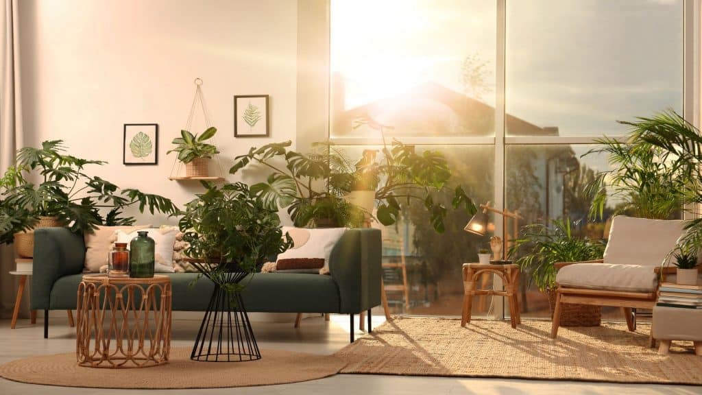 Linda sala de estar iluminada pelo sol, com um sofá estiloso e várias plantas de casa.