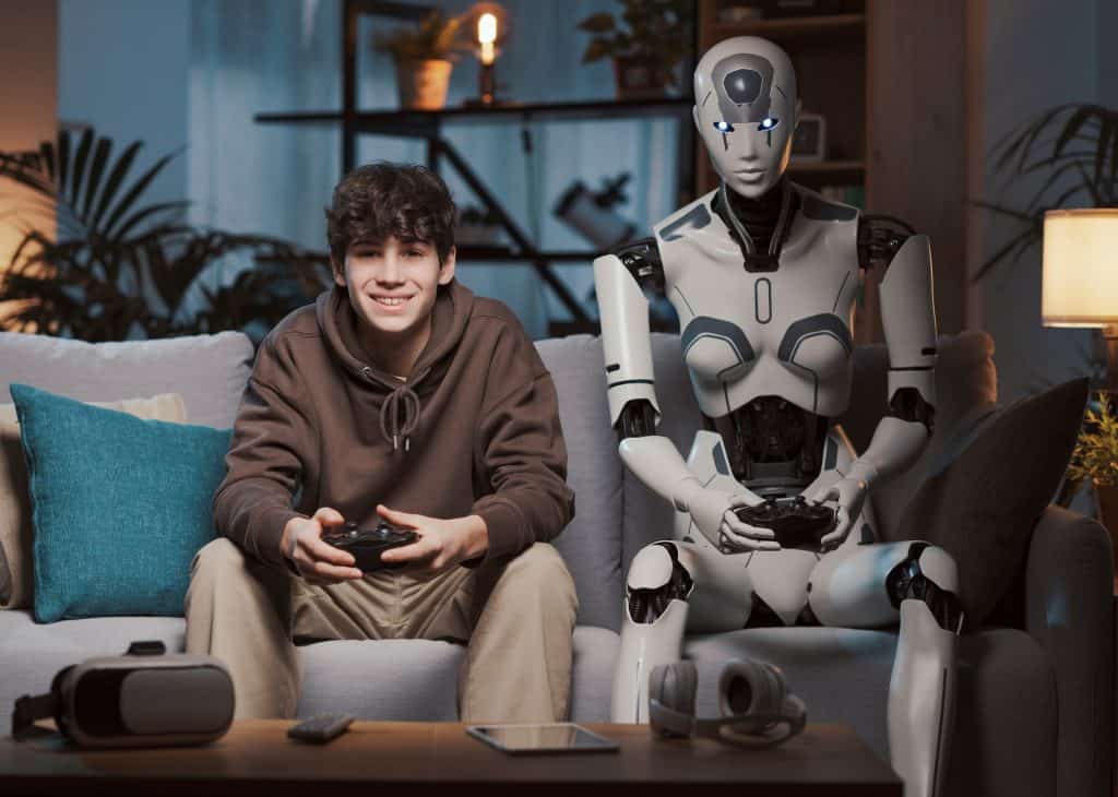 menino e robô jogando videogame