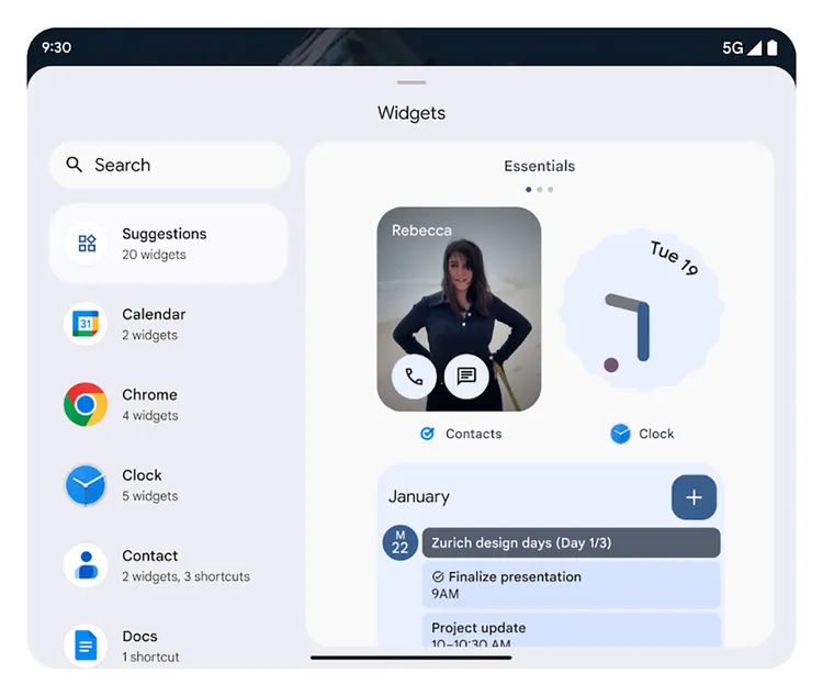 Tela de prévia dos widgets