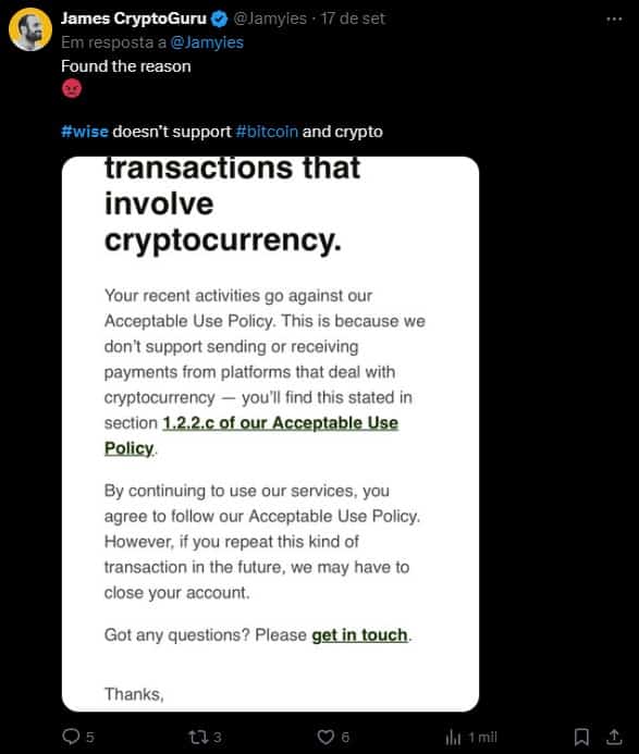 Receber ou enviar pagamentos em criptomoeda é uma das ações que podem bloquear contas na Wise