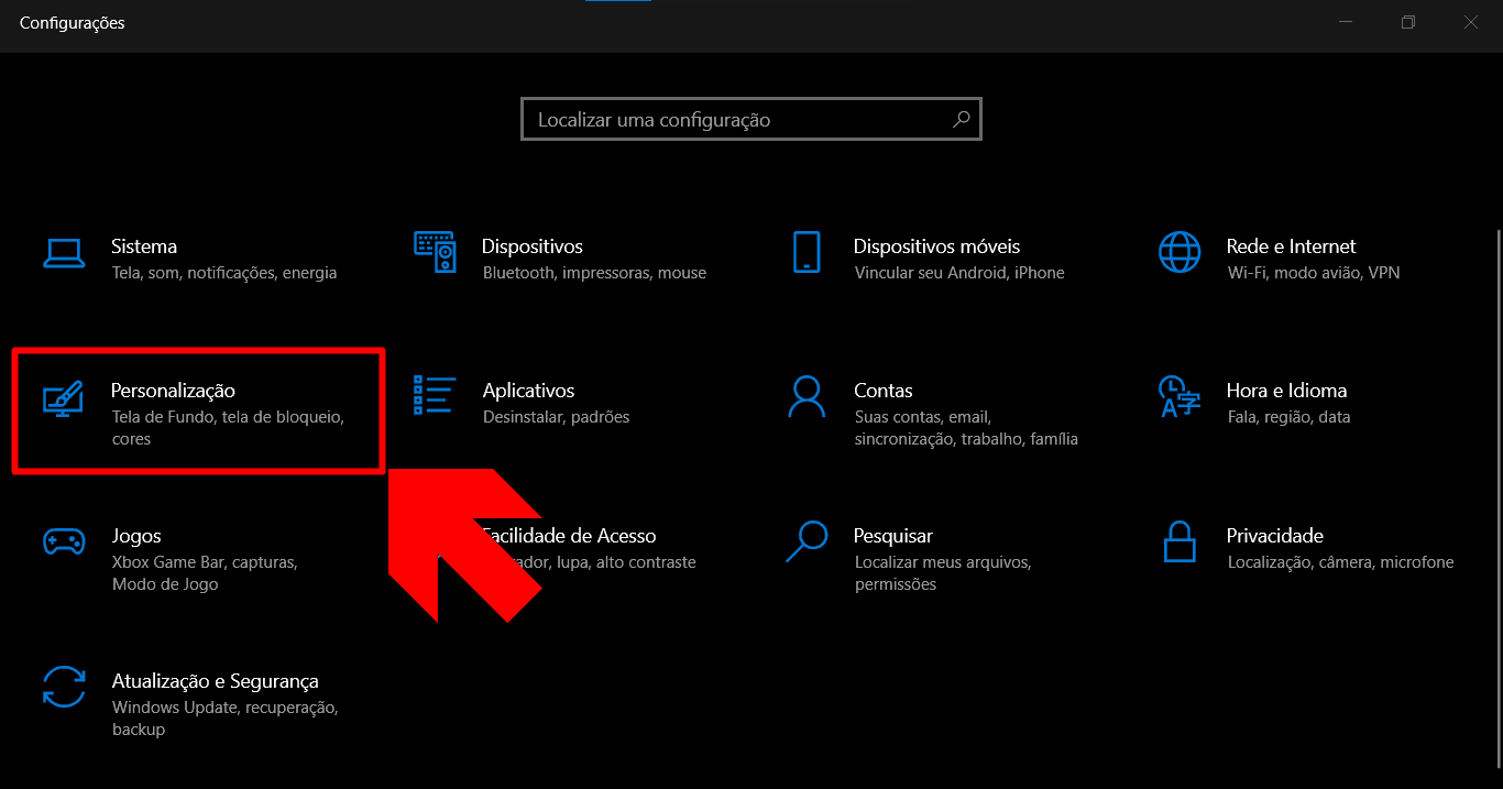imagem mostra o botão de personalização do setor de configurações do pc windows
