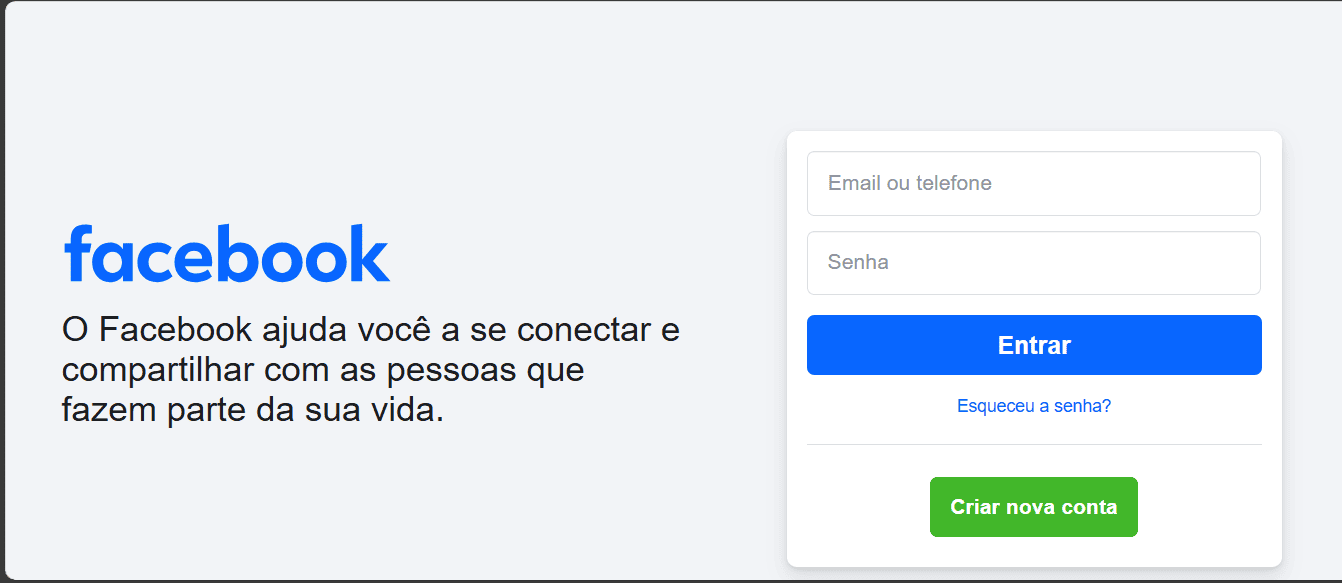 imagem mostra a página inicial do facebook e sua tela de login