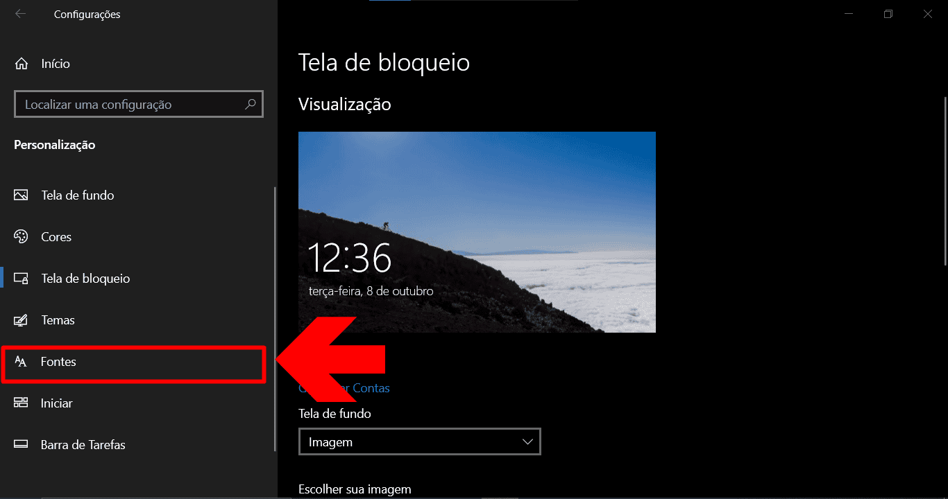 imagem mostra o botão de edição de fontes no setor de personalização do pc windows