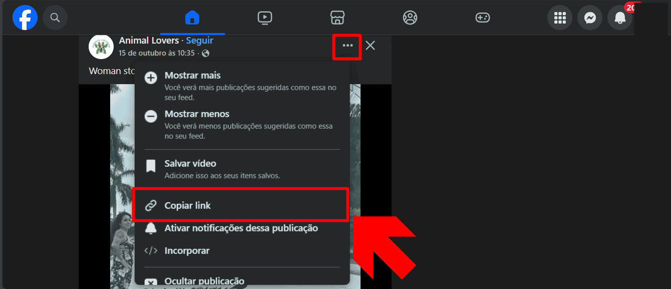 imagem mostra o botão de configuração de uma postagem no facebook e a opção para copiar o link de um vídeo