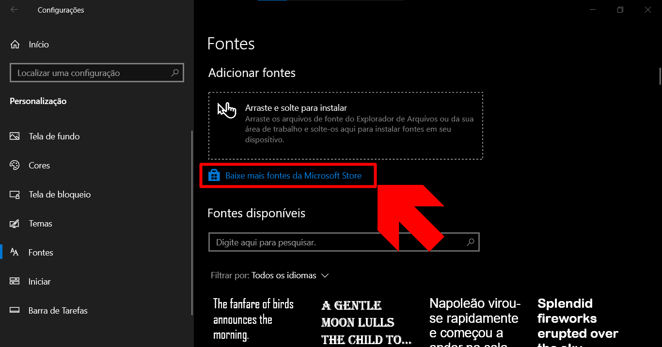 imagem mostra o botão da microsoft store que direciona para um setor que baixa fontes