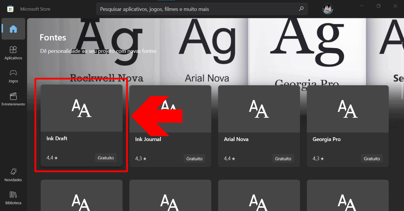 imagem mostra o portfólio de fontes disponíveis para baixar da microsoft store