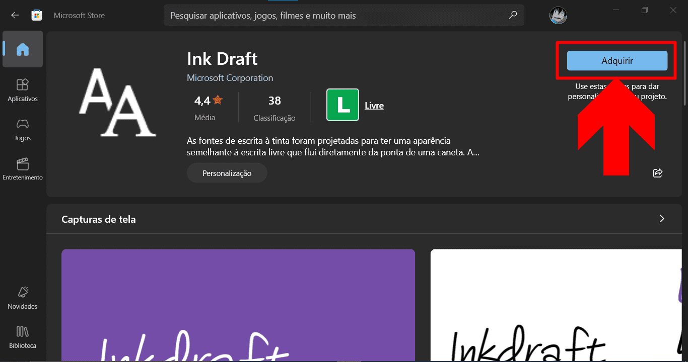 imagem mostra o botão de download de uma fonte na microsoft store