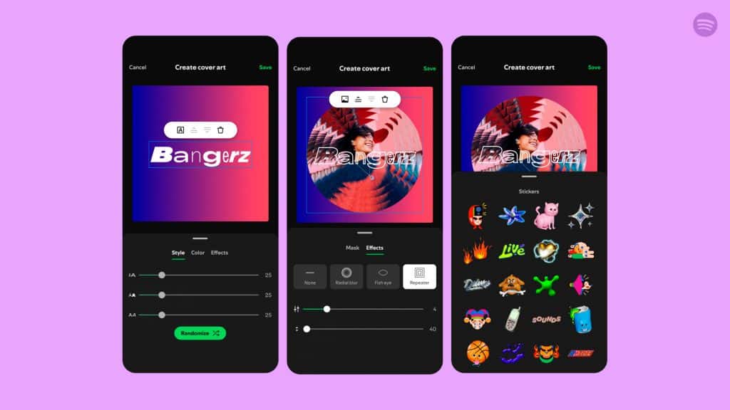 Montagem com capturas de tela de criador de playlists do Spotify