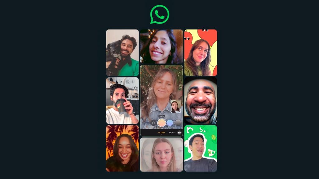 Montagem com capturas de tela de chamadas de vídeo no WhatsApp com filtros e planos de fundo
